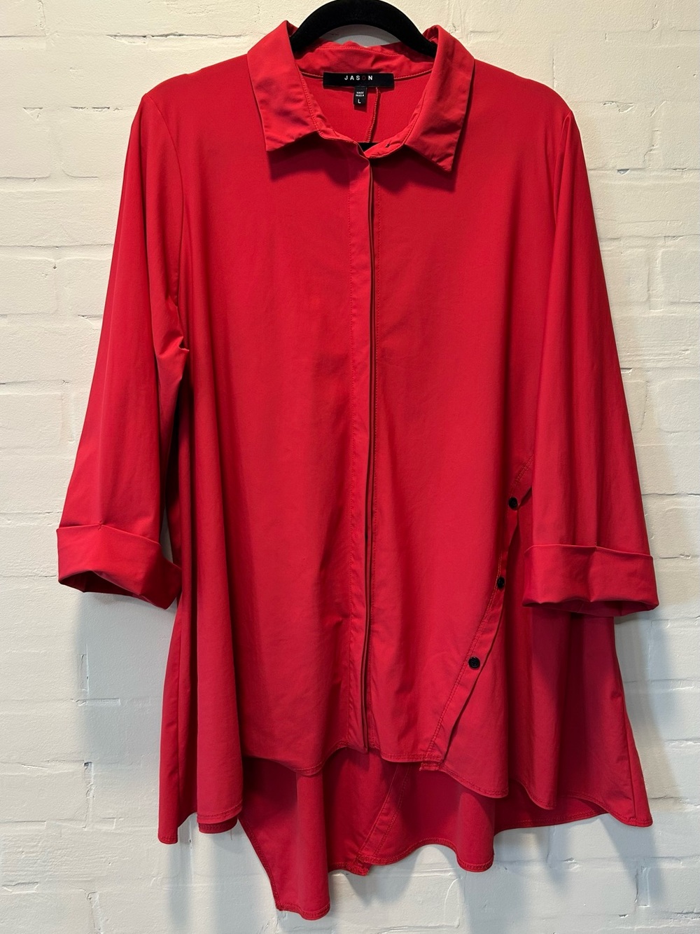 Jason by Comfy USA Asymmetrical Hem 3/4 Sleeve Red Tunic Top Size L Lagenlook